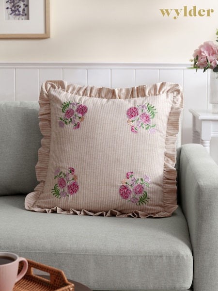 Wylder Pink Martha Embroidered Ruffle Feather Rich Cushion (F71812) | £32