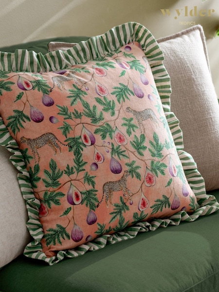 Wylder Tropics Peach Okara Leopard And Fig Printed Ruffle Cushion (F71831) | £22