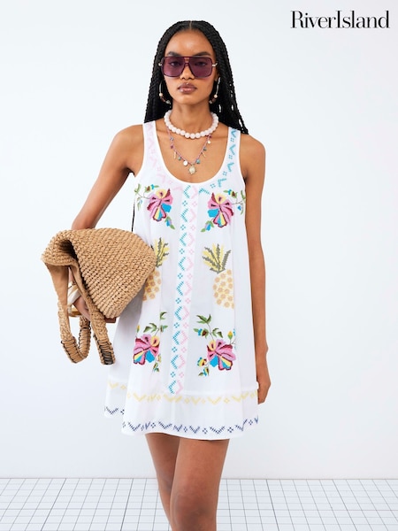 River Island White 100% Cotton Embroidered Shift Dress (F71951) | £59