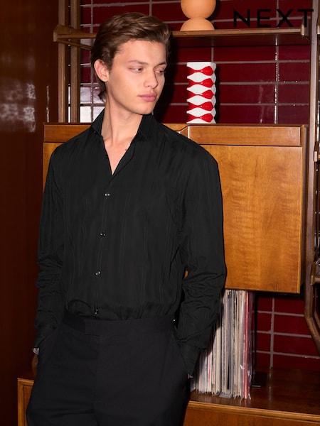 Black Self Stripe Regular Fit Premium 100% Cotton Textured Shirt (F71965) | £38