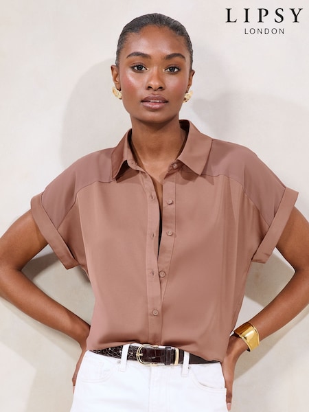 Lipsy Pink Short Sleeve Satin Chiffon Mix Shirt (F72067) | £36