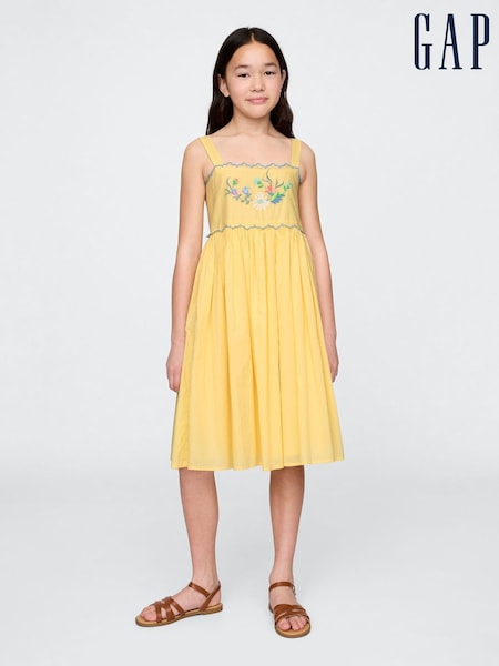 Gap Yellow Floral Cotton Embroidered Midi Dress (4-13yrs) (F72089) | £35
