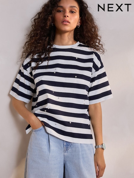 Navy/White Short Sleeve Embellished Stripe T-Shirt (F72092) | £35