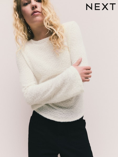 Ecru Fluffy Long Sleeve Crew Neck Jumper (F72106) | £25