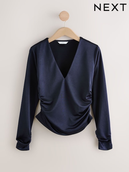 Navy Satin Jersey V-Neck Long Sleeve Top (F72119) | £26