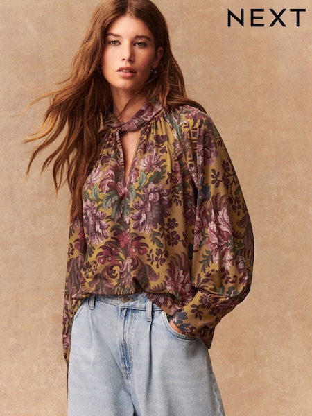 Olive Green Floral Long Sleeve Twist Neck Jersey Blouse (F72123) | £34