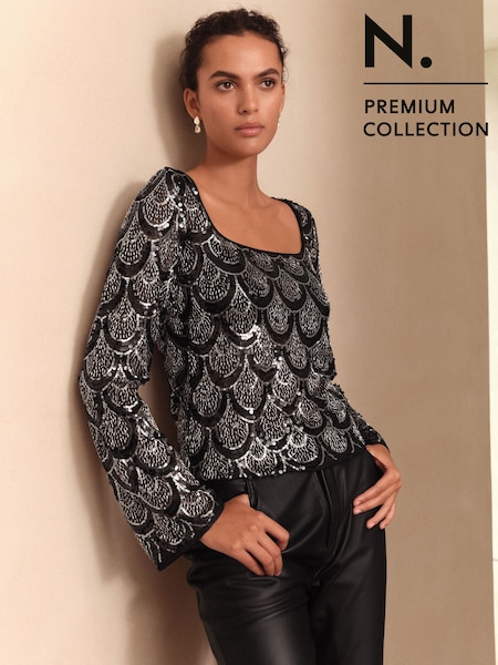 Black Deco N.Premium Square Neck Long Sleeve Sequin Top (F72146) | £54