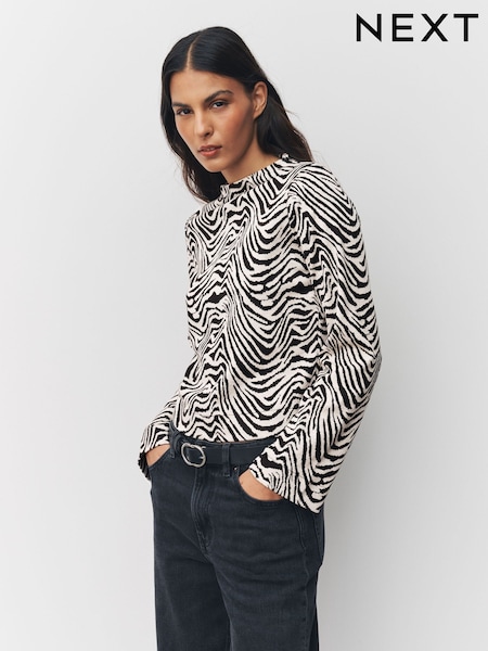 Zebra Print High Neck Long Sleeve Jacquard Top (F72160) | £28