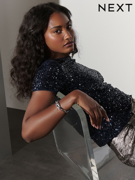Navy Short Sleeve Slash Neck Sequin T-Shirt (F72162) | £25