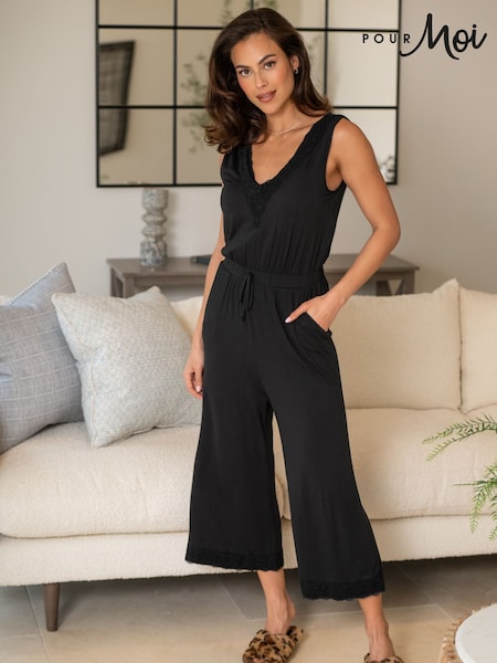 Pour Moi Black Sofa Loves Lace Hidden Support Cropped Wide Leg Jumpsuit (F72205) | £45