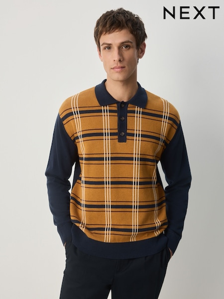 Navy Blue/Mustard Yellow Button Neck Regular Fit Long Sleeve Knitted Check Polo Shirt (F72215) | £34