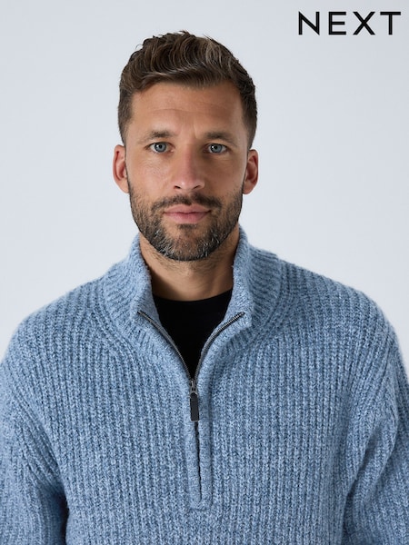 Blue Regular Fit Textured Knit Quarter Zip Neck Jumper with Wool (F72220) | £39