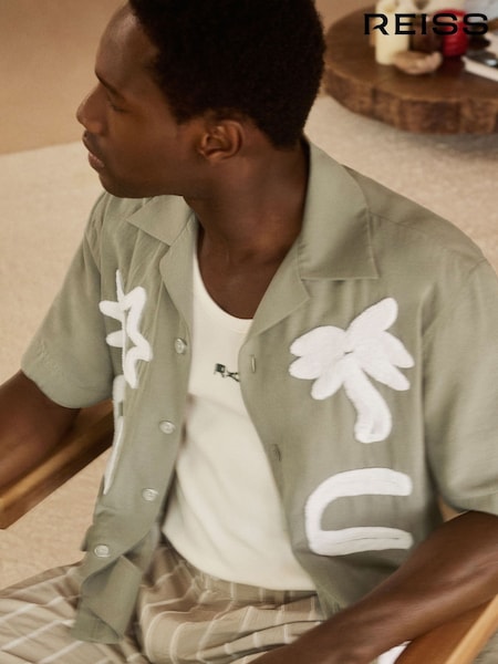 Reiss Sage/White Palco Reiss | Ché Motif-Embroidered Shirt (F72422) | £140