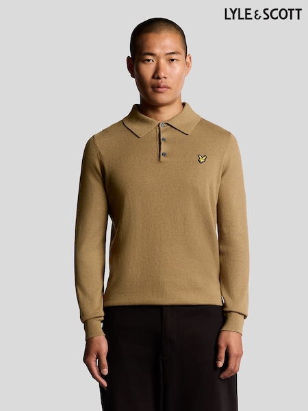Lyle & Scott Brown Cotton Merino Long Sleeve Knitted Polo Shirt (F72682) | £75