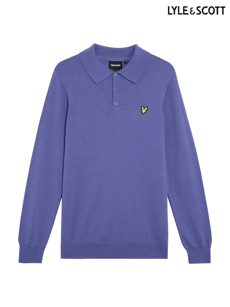 Lyle & Scott Blue Cotton Merino Long Sleeve Knitted Polo Jumper (F72701) | £75