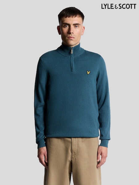 Lyle & Scott Blue Cotton Merino Quarter Zip Jumper (F72706) | £80