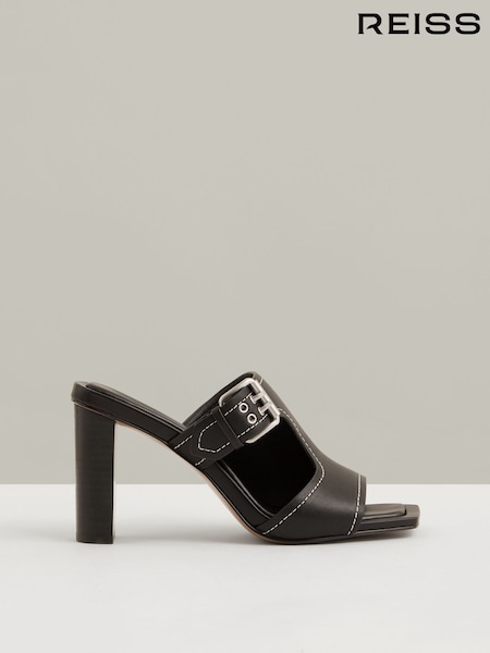 Reiss Black Lydia Leather Buckle Block-Heel Sandals (F72830) | £180