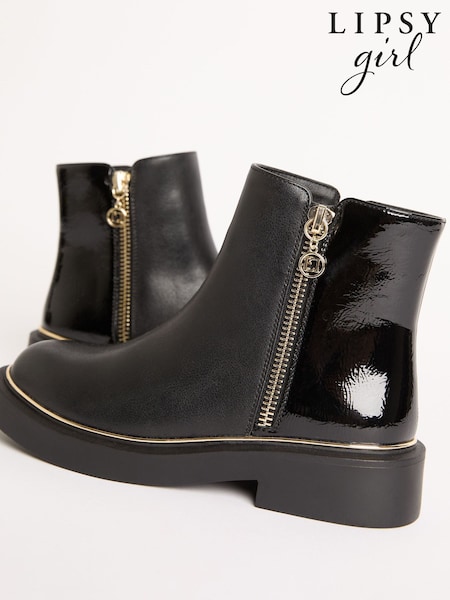 Lipsy Black Faux Leather Patent Contrast Zip Ankle Boots (F72917) | £32 - £36