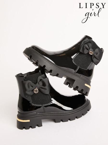 Lipsy Black Faux Leather Patent Chelsea Ankle Boots with Bow (F72922) | £36 - £40