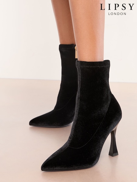 Black Lipsy Velvet High Heel Party Ankle Sock Boots (F72949) | £59