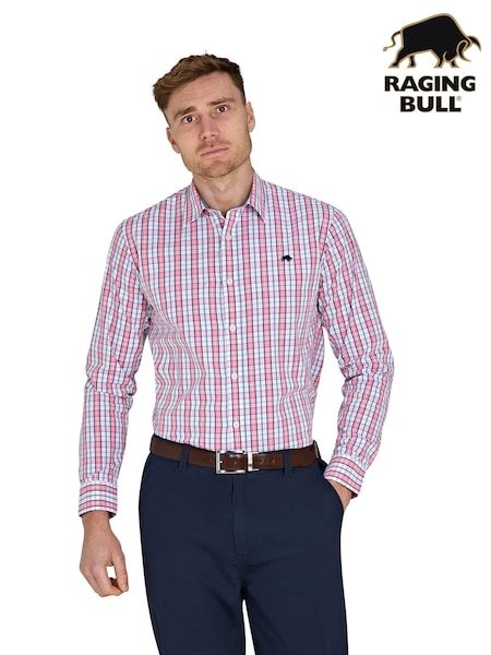 Raging Bull Pink Long Sleeve Large Check 100% Cotton Poplin Shirt (F72968) | £70 - £80