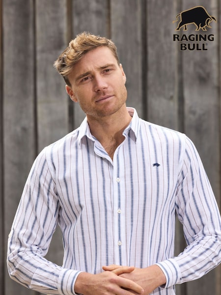 Raging Bull Long Sleeve Resort Stripe 100% Cotton Linen Look White Shirt (F72985) | £65 - £75