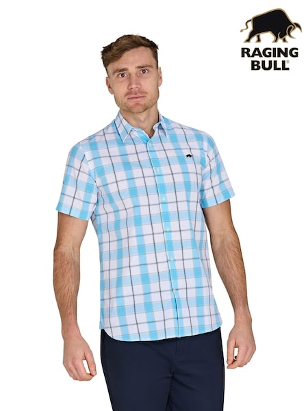 Raging Bull Blue Short Sleeve Multi Check 100% Cotton Shirt (F73103) | £65 - £75