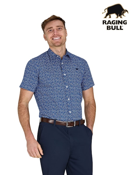 Raging Bull Blue Short Sleeve Flower Bud 100% Cotton Poplin Shirt (F73110) | £65 - £75