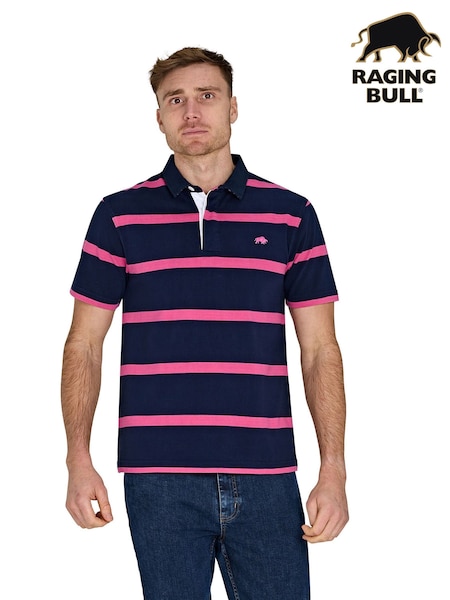 Raging Bull Blue 100% Cotton Short Sleeve Thin Stripe Rugby Shirt (F73115) | £65 - £70