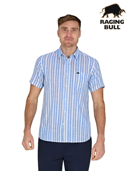 Raging Bull Blue Short Sleeve Multi Stripe 100% Cotton Linen Look Shirt (F73117) | £65 - £75