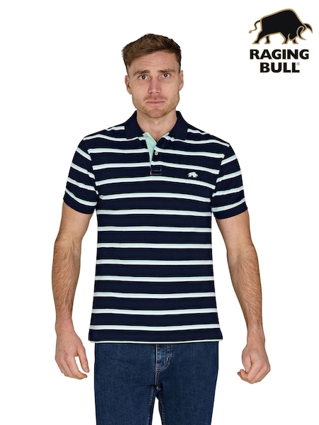 Raging Bull Blue 100% Cotton Triple Stripe Pique Polo Shirt (F73120) | £60 - £65