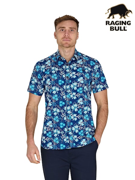Raging Bull Blue Short Sleeve Blossom 100% Cotton Shirt (F73130) | £65 - £75