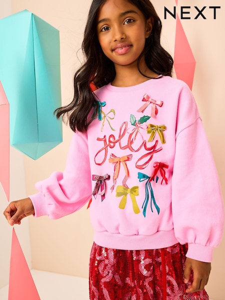 Pink Bow Jolly Christmas Jumper Sweatshirt (3-16yrs) (F73204) | £15 - £20