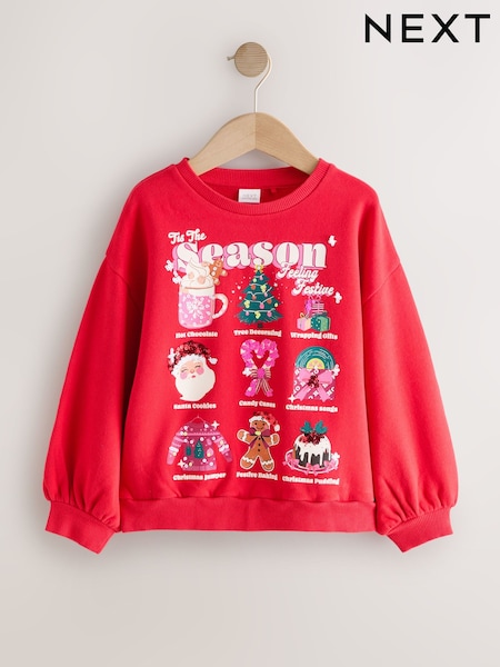 Red Tis the Season Festive Icons Christmas Jumper Sweatshirt (3-16yrs) (F73211) | £14 - £19