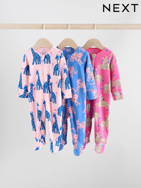 Blue/Pink Animal Character 3 Pack Two Way Zip Baby Sleepsuits (0mths-2yrs) (F73213) | £19 - £21
