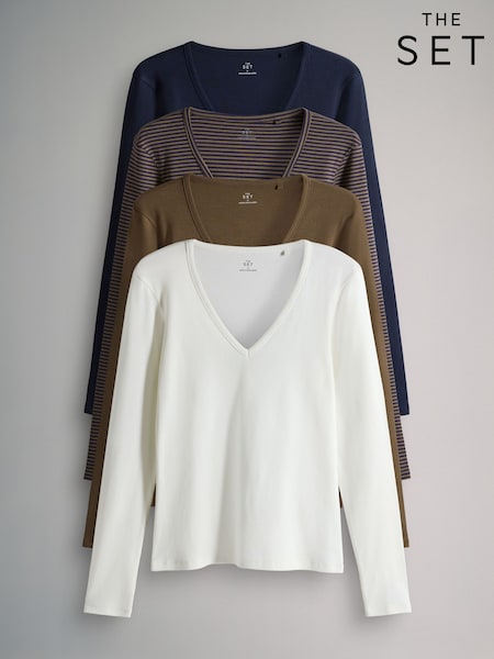 The Set Navy/Brown/Stripe/Cream 4 Pack V-Neck Ribbed Long Sleeve T-Shirts (F73242) | £26