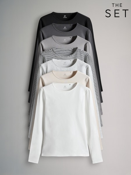 The Set Stripe,Black,Greys,White 7 Pack Long Sleeve Crew Neck T-Shirts (F73253) | £31.50