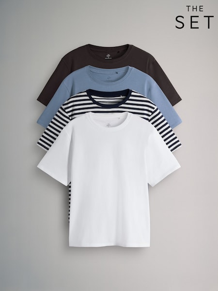 The Set Chocolate Brown/Stripe/Light Blue/White 4 Pack Short Sleeved Relaxed T-Shirts (F73257) | £20