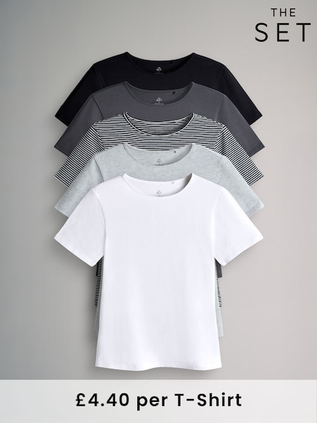 The Set White/Black/Charcoal/Grey Marl/Stripe 5 Pack Short Sleeve Fitted Crew Neck T-Shirts (F73258) | £22