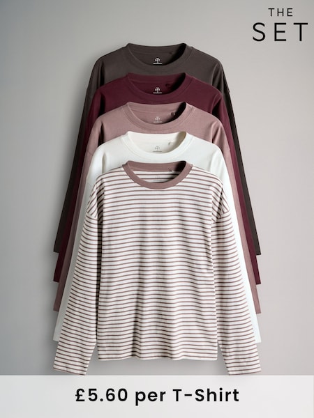 The Set Chocolate Brown/Berry/Mid Pink/Stripe/Cream 5 Pack Long Sleeved Relaxed T-Shirts (F73259) | £28