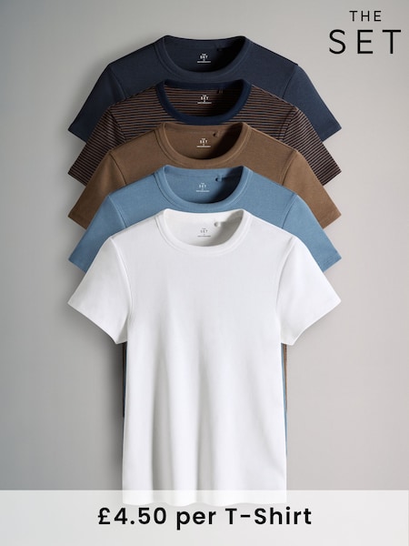The Set Cream/Navy/Light Blue/Brown/Stripe 5 Pack Short Sleeve Ribbed T-Shirts (F73276) | £22.50