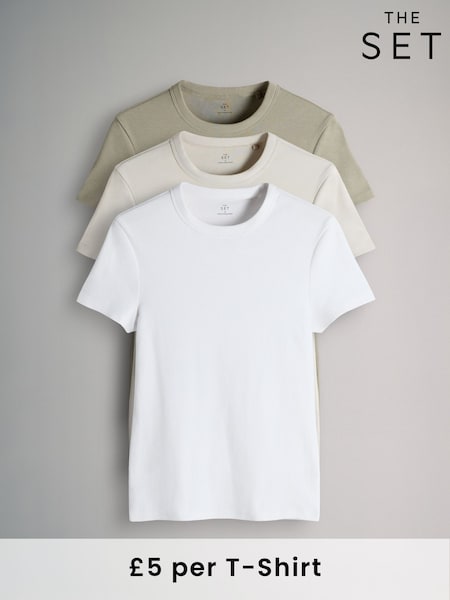 The Set Light Khaki/Warm Stone/White 3 Pack Short Sleeve Ribbed T-Shirts (F73281) | £15
