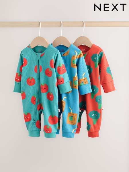 Teal Blue 3 Pack Two Way Zip Baby Sleepsuits (0mths-3yrs) (F73282) | £20 - £22