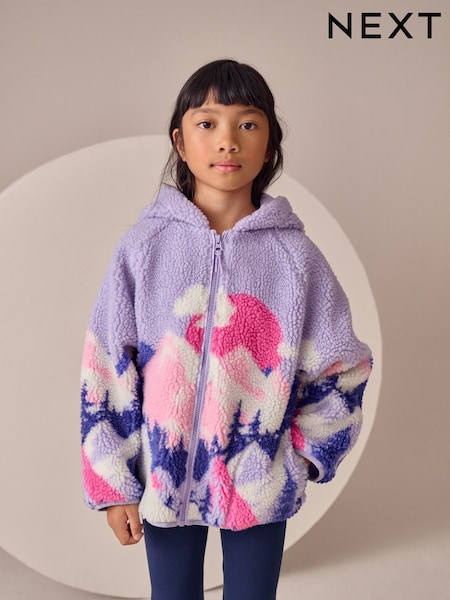 Purple/Pink Mountain Scene Hooded Zip Borg Fleece Jacket (3-16yrs) (F73348) | £24 - £30