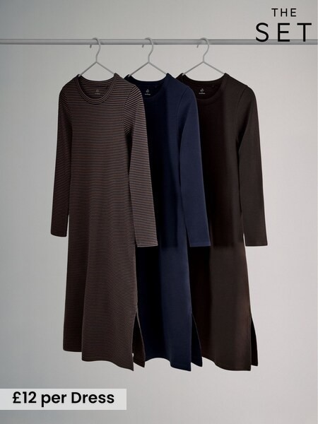 The Set Blue/Brown/Stripe 3 Pack Ribbed Long Sleeve Midi Dress (F73350) | £36