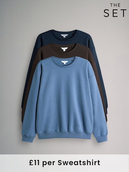 The Set Navy/Chocolate Brown/Light Blue 3 Pack Relaxed Crew Neck Sweatshirts (F73426) | £34.50