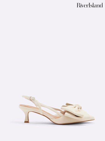 River Island Cream Brown Raffia Sling Back Bow Heeled Court Shoes (F73441) | £38