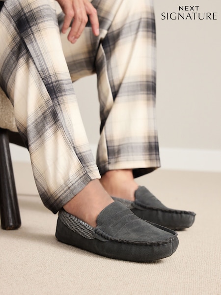 Grey Signature Suede Fabric Trim Moccasin Slippers (F73598) | £35