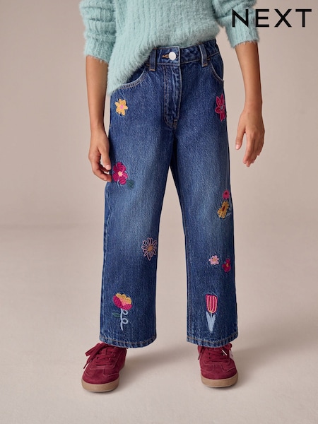 Mid Blue Regular Fit Floral Embroidered Straight Leg Jeans (3-16yrs) (F73603) | £20 - £25