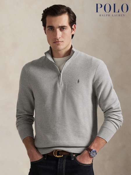 Polo Ralph Lauren Grey Polo Ralph Lauren Mesh-Knit Cotton Quarter-Zip Sweater (F73623) | £190